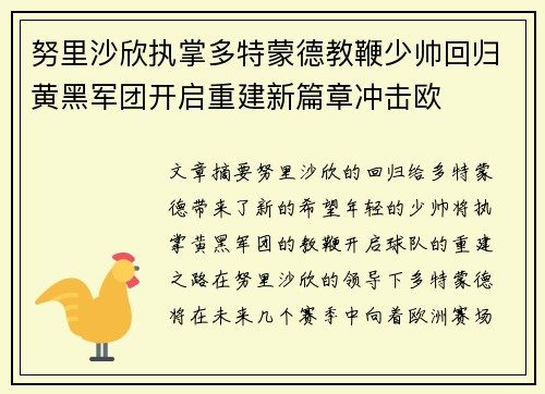 努里沙欣执掌多特蒙德教鞭少帅回归黄黑军团开启重建新篇章冲击欧